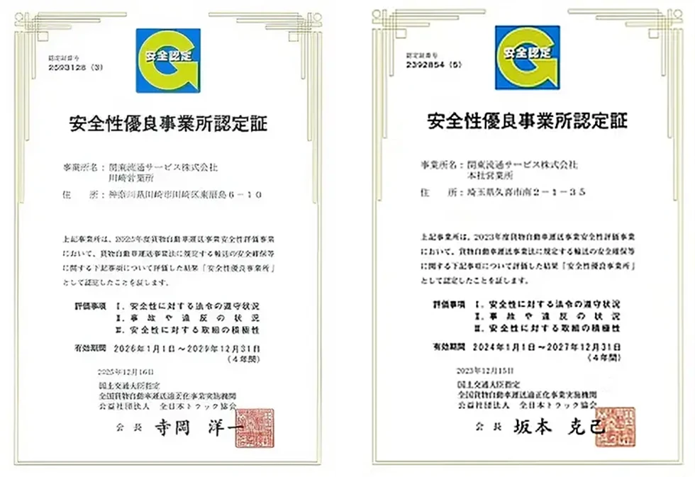 安全性優良事業所(Gマーク)認定証